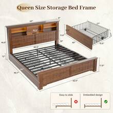 EnHomee Farmhouse Bed Frame With LED Lights And Charging Station Metal Platform Bed With 4 Drawers & Bookcase Headboard No Noise - 棕色 - 查看 9