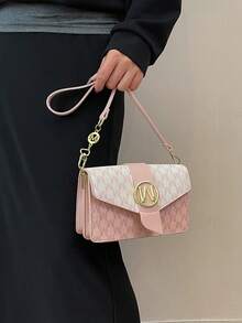 Letter Print Multi-Compartment Flap Shoulder Bag For Women - Pink - View 2