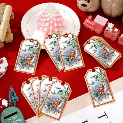 20/50 piezas Etiquetas de regalo de estilo acuarela vintage de Navidad con patrones de árbol de Navidad, muñeco de nieve y ciervo, con cuerdas, para embalaje de regalos de Navidad, adornos navideños y suministros de regalo del Año Nuevo 2026