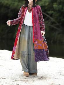 LUZU JUNU Women's Trench Coat Floral Print Long Cotton Linen Jacke Cottagecore Clothing Patchwork Outwear Bohemian Unique - 玫瑰毛絨襯裡 - 查看 3