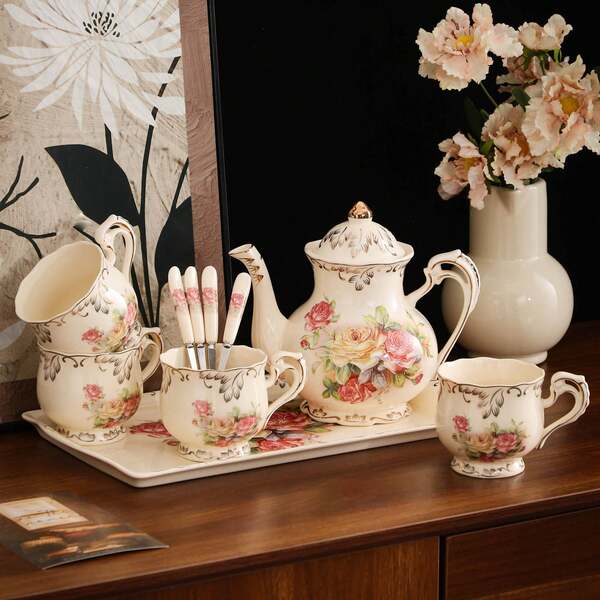 Vintage Rosen Bone China Teeservice mit Präsentationsständer - Blumige Tassen & Untertassen, mikrowellen- und spülmaschinenfest - Geschenkset im Stil des königlichen Hofes