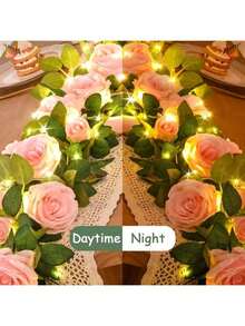 1pc 3 Meters Flower Garland String Lights, 2m Pink Flower Wreath Artificial Rose Garland For Wedding Arch Party Wall Garden Room Decor - Multicolor - View 5