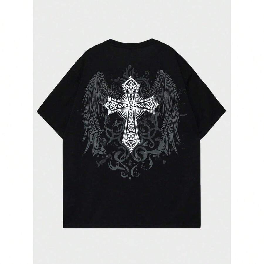T-Shirt Cross Wings Street Skate Unisex Male Female 100% Cotton Top Premium Streetwear New Release Immediate Shipping Various Colors!! Plus Size - 黑色 - 查看 1