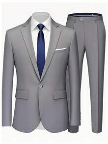 Men's Suits, Men's Business Casual Style, Including Solid-Color Suit Jackets And Trousers. Elegant Men's Suits, Suitable For Work Commuting, Casual Occasions, Weddings, Dances, And Business Venues. - Xám - Xem 3