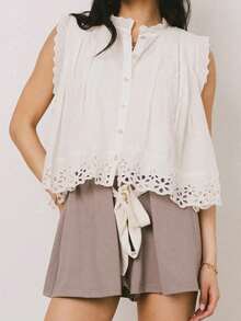 Women's Summer Button Down Blouses Casual Stylish Solid Eyelets Trim Loose Fit Sleeveless Tops - trắng - Xem 3