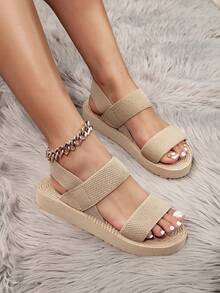 Sandalias minimalistas para mujer, diseño clásico tejido, correa elástica, tacones de cuña y suela de plataforma - Marrón - Ver 2