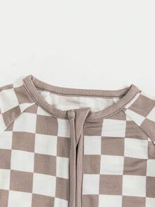 MIOZING Bamboo Fiber Fabric,Light Gray Checkerboard Bodysuit ,  Classic Checkboard Pattern Jumpsuit , Infant Long Sleeve Zip Up Romper,Unisex Outfit For Spring, Machine Washable, Perfect For Outdoor,Baby Clothes Girl,Baby Clothes Boy,Christmas,Halloween - 淺灰色 - 查看 4