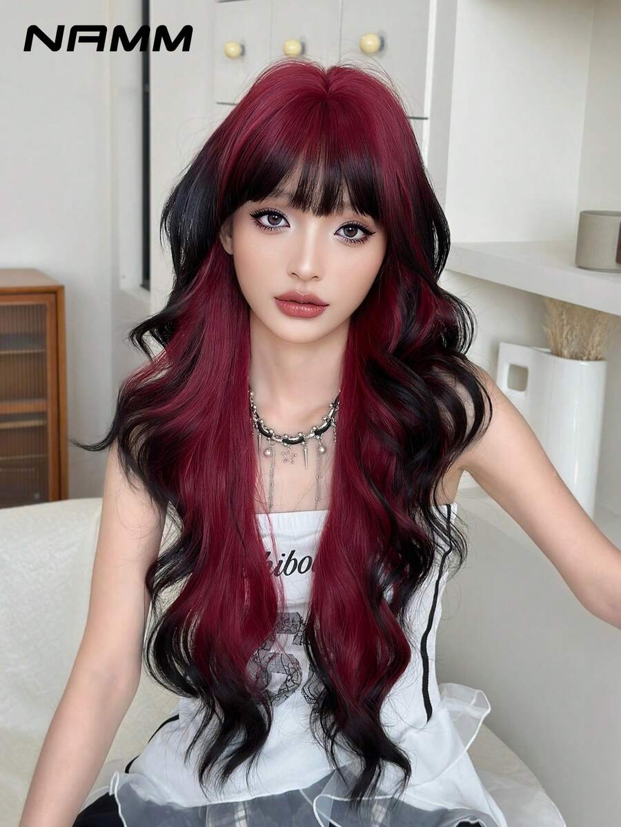 NAMM 30 Inch Red Ombre Black Long Wavy Wig Loose Long Body Wave Wig For Women , Gorgeous Fluffy Synthetic Wig With Bangs Natural Appearance Very Soft Synthetic Heat Resistant Fiber Hair, Beautiful Full Machine Hair Wig Suitable For Fashion Girls Daily,Anime Or Costume Cosplay Decoration,Music Festival Dance Party Street Wear Use(Gradient Black White) - Màu đỏ ombre - Xem 1