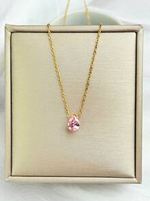 1pc Customized Birthday Birthstone Necklace, Cubic Zirconia Teardrop & Heart/Square Gemstone Personalized Birthday Gift, Gift For Mom, Gift For Best Friend