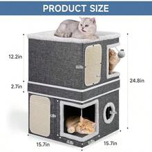 2Storey Cat House For Indoor Cats Separate Into 2 Large Cat Bed Cave With Hideaway Condos Scratch Pads Hanging Balls Foldable Indoor Cat House Hold Up To 30LBS Cat Cube For Multiple Cats Kitten - 灰色 - 查看 3