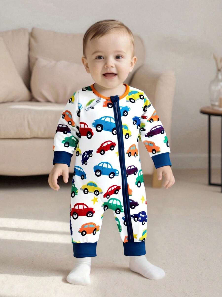 Mono de otoño para bebé, holgado, elegante, con estampado de coches, cremallera, cuello redondo, manga larga, para recién nacido - Blanco - Ver 1
