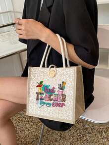 1 pezzo "Miglior insegnante" Borsa a tracolla in lino con stampa floreale, borsa riutilizzabile con stampa per donne, borsa a doppia maniglia per libri e shopping, borsa a spalla di grande capacità, borsa casual, borsa per il Natale, adatta per pendolarismo, scuola, shopping, attività all'aperto, regalo per amici, fidanzata, festa dell'insegnante, vacanze e festività - Cachi - Visualizzare 3