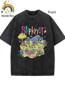 "Foldable Band" Letter Print Young Man/Man Summer Short Sleeved Washed Vintage 230g Pure Cotton Comfortable Breathable Casual Street Round Neck T-Shirt