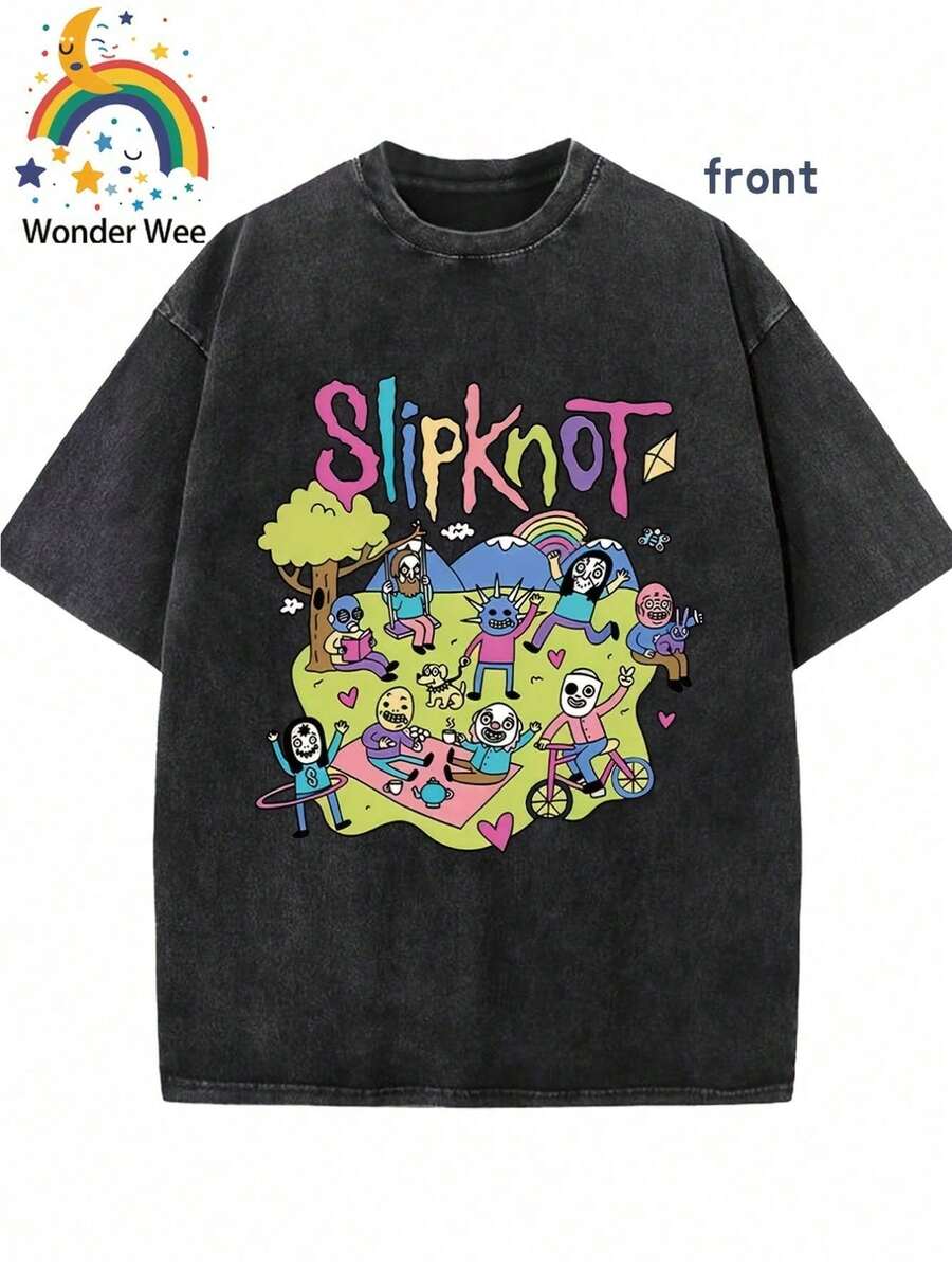 "Foldable Band" Letter Print Young Man/Man Summer Short Sleeved Washed Vintage 230g Pure Cotton Comfortable Breathable Casual Street Round Neck T-Shirt