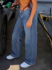 女士高腰深洗宽松阔腿牛仔裤街头风格休闲裤秋冬