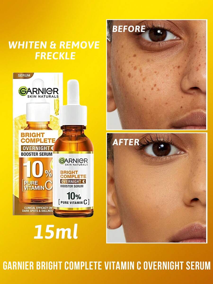 Garnier 卡尼尔亮白全效维生素 C 夜间精华，淡化黑斑，去除色素沉着，增强肌肤光泽，10% 纯维生素 C，均匀肤色，质地轻盈，易于吸收，增强抗氧化作用，亮白肌肤，夜间护肤，修复，适合所有肤质，是晚间护肤的理想选择