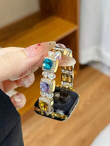 1pc Gemstone & Glitter Jewelry Crystal Diamond Encrusted Gold Metal Frame Watch Band, Compatible With Ultra3 2 1 SE S10 S9 S8 S7 S6 S5 S4 S3 S2 S1, Fashionable & Elegant, Suitable For 38mm 40mm 41mm 42mm 44mm 45mm 46mm 49mm Smart Watches Women