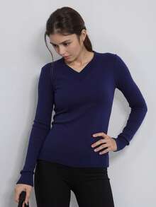 Cold Weather Knitted Sweater Top V Neck Plain Basic Long Sleeve Winter Women Simple Knitwear Knitted Daily Autumn Long Sleeve - 藏蓝色 - 查看 1
