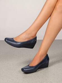 Women's Wedge Shoes Square Close Block Heels Toe Dress Comfortable Wedding Office Pumps - Màu xanh lam - Xem 1