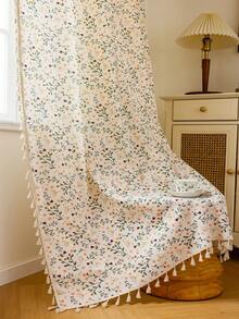 1pc Rustic Floral Curtain, Rectangular With Tassels Decor, Semi-Sheer Pole Top Curtain, Suitable For Bedroom, Living Room, Kitchen, Balcony, Patio, Study, Dining Room, Room Divider, Indoor Home Decor, All Season