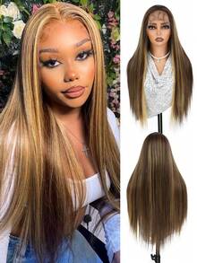 Free Part 13*6 Lace Front Wigs 28 Inches Black Brown Blonde Dark BrownStraight Hair With Natural Curls At The End Hair Glueless Lace Wigs Silky Synthetic Long Silk Straight Natural Wig Heat Resistant Fiber Wig With Baby Hair For Women,Pre-Plucked With Adjustable Straps For Daily Wear Christmas Halloween - Multicolor - View 14