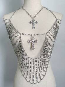 1 件朋克风格金属性感流苏多层胸链项链细肩带上衣，深 V 领修身，适合夜店、音乐节、舞台表演 - 銀色 - 查看 4