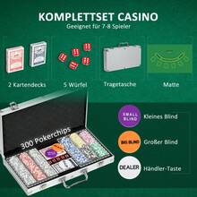 Juego de póker SPORT NOW con estuche, 300 fichas de 11,5 g, juego completo con candado, 2 barajas, 5 dados y botones plateados para el crupier.