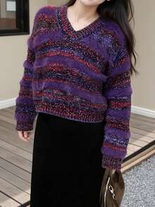 Alicedudu 女士新款渐变色纱线V领套头衫，秋冬 - 紫色 - 查看 4