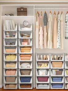 Phyllia 4 件装衣柜收纳整理箱，可堆叠塑料折叠抽屉篮，适用于厨房橱柜、食品储藏室、办公室、卧室、浴室，白色。可收纳衣柜内各种物品，也可将轻便物品存放于多个位置。可堆叠塑料收纳篮，可折叠衣柜整理箱，4 件装抽屉架收纳盒，适用于衣柜、厨房、浴室、办公室、宿舍，白色。