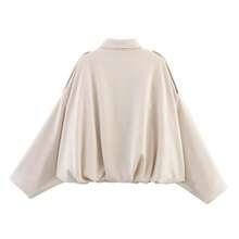 SHIBASHAN Women's Fashion Suede Bomber Jacket, Vintage Lapel Long Sleeve Loose Zip-Up Outerwear - Beige - View 3