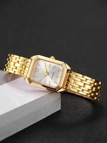 1pc Women's Fashion Square Roman Numeral Dial Quartz Wrist Watch, Classic & Elegant - Gold - View 6