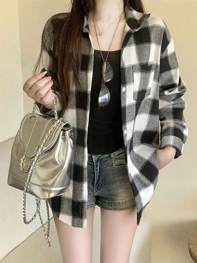 拉绒格子衬衫，新款时尚宽松复古中长款上衣，长袖夹克