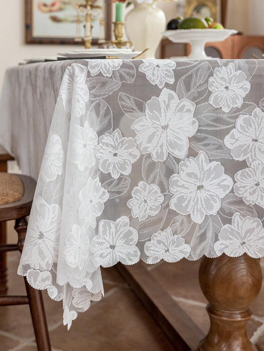 1pc White Lace Tablecloth, Romantic Style Suitable For Holidays, Parties, Banquets, Restaurants, Weddings, Home Dining Table Decor - White - View 1