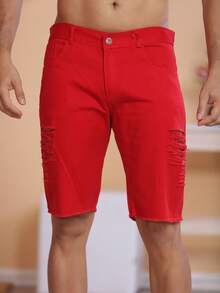 Men's Ripped Colorful Bermuda Jeans - 紅色 - 查看 5