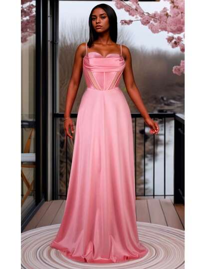 HERMOSO VESTIDO CORTE PRINCESA CON CORSET Y TIRANTES DELGADOS  Liso    Fiesta    Tela    Lazo  Transparente  Detalle en la Copa  Con Varillas    Boda  Fiesta  Fiesta de Graduación  Formal y de noche  Invitado a la boda    todo