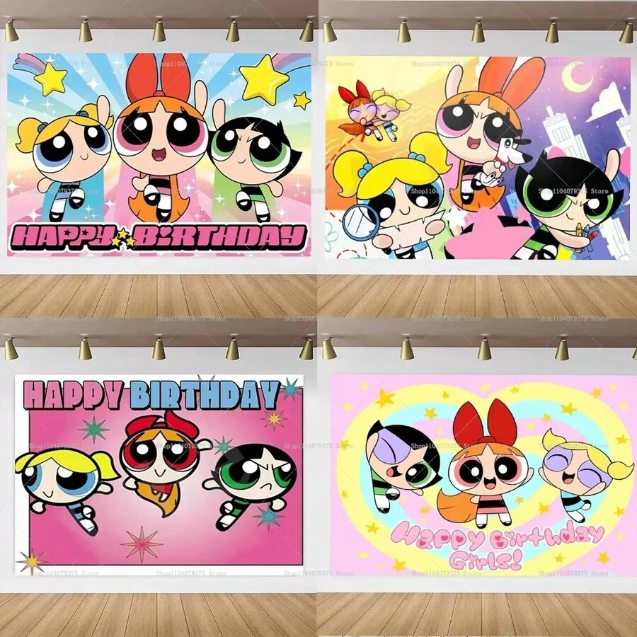 1PC Cartoon Powerpuff Girls Birthday Party Theme Photography Background Decoration Banner Baby Baptism Party Photo Props