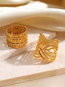 2pcs Stainless Steel Minimalist Geometric Line Open Ring Set, Fashionable Everyday Jewelry For Women - Multicolor - View 2