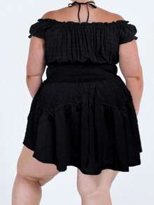 Vestido mini de talla grande para mujer, elegante, de color liso, con volantes, mangas de casquillo fruncidas, para primavera y verano - Negro - Ver 6