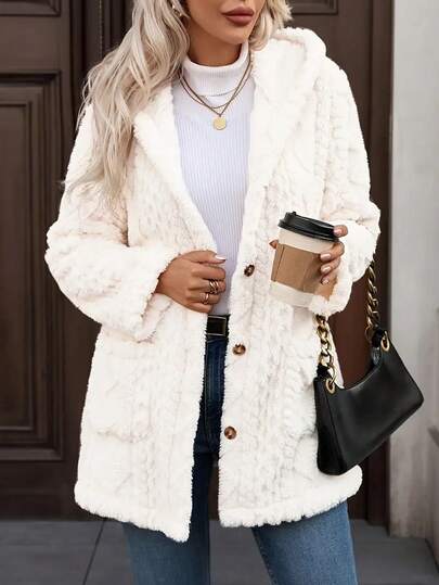 Long Solid Color Diamond Pattern Front Button Pocket Daily Winter Hooded Faux Fur Coats For Women