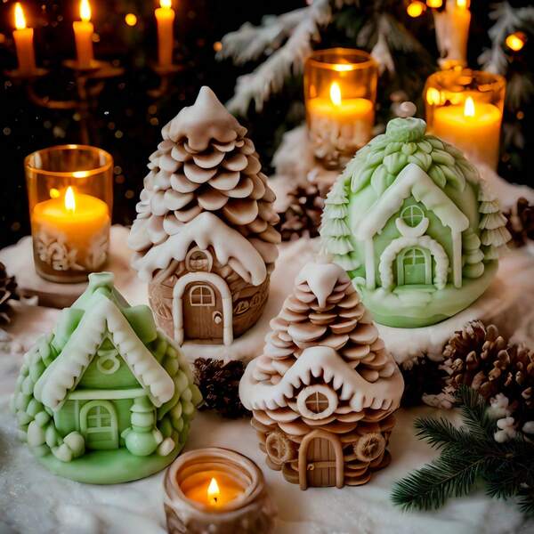 1 pieza Molde de vela en forma de casa navideña DIY para hacer adornos de piña, jabón, resina y yeso como decoraciones navideñas y regalos hechos a mano creativos
