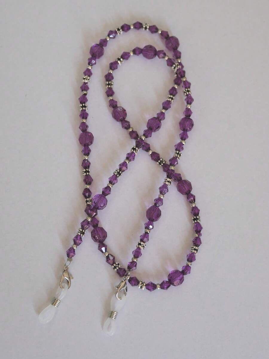 Faceted Bead Silver Hoop Pointed Glass Bead Eyeglass Chain - Purple - View 1