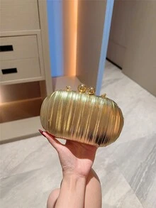 1 件闪亮褶皱迷你蛋形手拿包，优雅的金属双珍珠纽扣设计，适合派对女孩、新娘、大学生、年轻专业人士、派对、庆典、婚礼，配有金属链 - 金色 - 查看 9