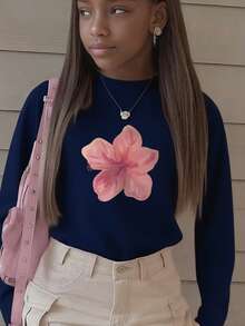 1pc Girls Casual Printed Crew Neck Long Sleeve T-Shirt, Autumn Student Young Clothing