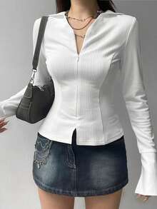 Womens Lapel Zip Up Cardigan Solid Color Long Sleeve Knit Tops For Spring Autumn Daily Office Wear - 白色 - 查看 4