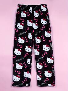 Sanrio Women's Sanrio Hello Kitty Warm Fleece Allover Print Fluffy Pants, Cartoon Kawaii Goth Lolita Style Soft Loungewear Trousers, Plus Size Sleepwear