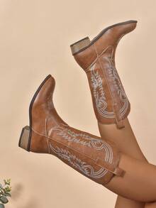 2025 秋冬新款女式刺绣皮革白色西部靴，尖头粗跟中筒靴，户外休闲时尚靴，牛仔靴 - 棕色 - 查看 8