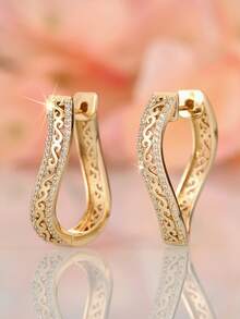 一对优雅的立方氧化锆耳环，情人节、结婚纪念日、订婚派对送给女性的礼物 - 金黃色 - 查看 4