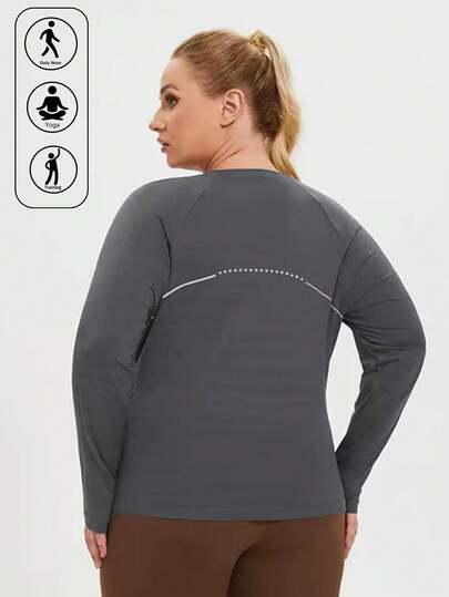 Plus Size Women Christmas Sports Wear, Long Sleeve Running Outdoor T-Shirt With Raglan Sleeve And Back Print, New Autumn/Winter Base Layer