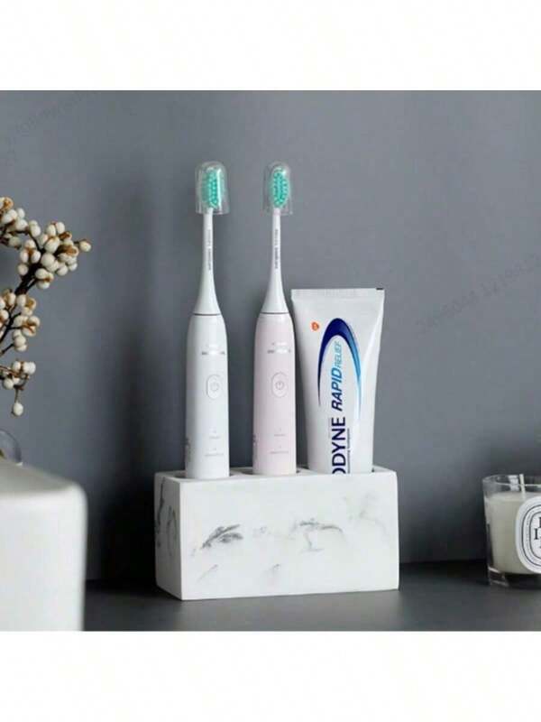 1pc Luxurious Marble Pattern Toothbrush Holder Stand - Electric Toothbrush Holder With Secure Grip, Spacious Multifunctional Storage Rack For Toothbrush And Toothpaste, Compact Countertop Bathroom Organizer For Clutter-Free Space - Perfect For Bathroom Countertops, Essential Bathroom Accessories For A Hygienic Environment