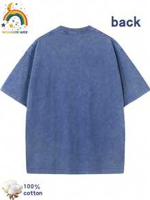 Star Pattern And "" Letter Print Men'S Summer Loose Fit Short Sleeved Washed Vintage 230g Pure Cotton Comfortable Breathable Casual Street Round Neck T-Shirt - 寶藍色 - 查看 2